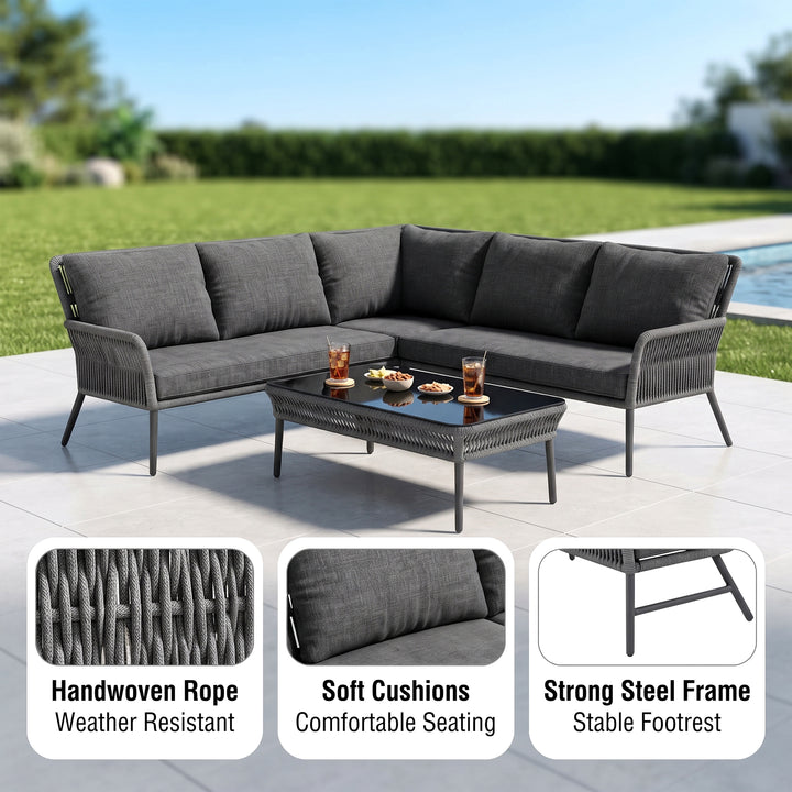 Mitya Outdoor Garden Balcony Sofa Set  5 Seater and 1 Center Table Set, Braid & Rope (Dark + Grey)