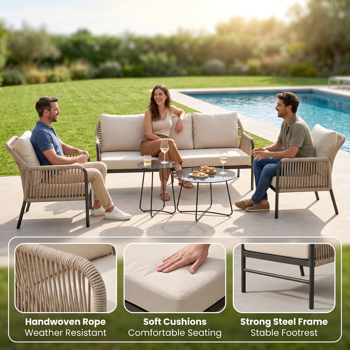 Jisax Outdoor Garden Balcony Sofa Set 3 Seater,2 Single seater and 2 Center Table Set (Beige) Braided and Rope