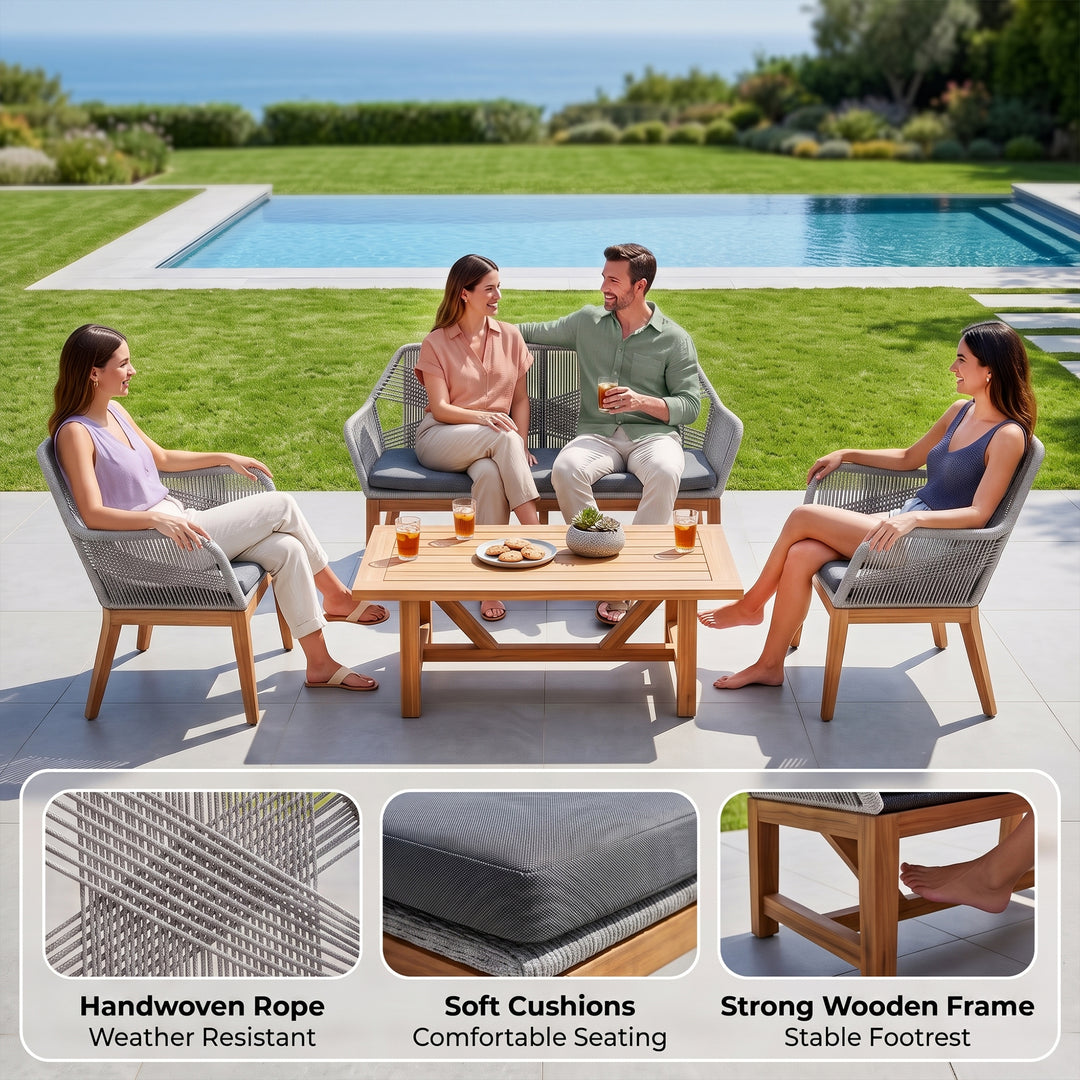 Zoa Outdoor Garden Balcony Sofa Set 2 Seater , 2 Single Seater 1 Center Table Set (Grey) Braided and Rope