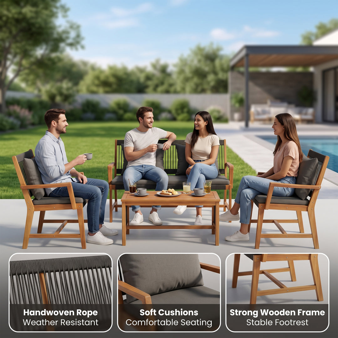 Folk Outdoor Garden Balcony Sofa Set 2 Seater , 2 Single Seater 1 Center Table Set (Black) Braided and Rope