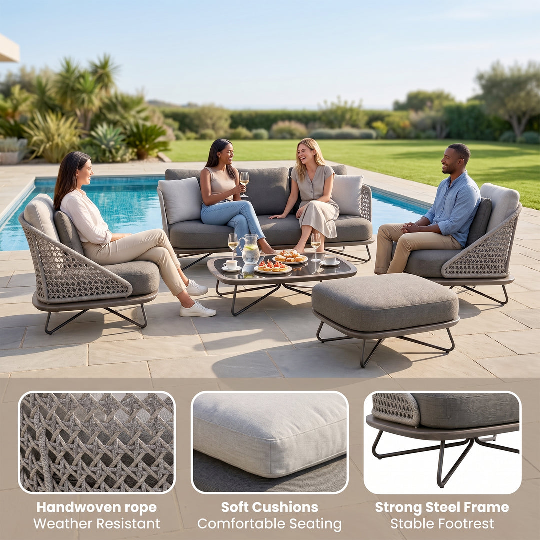 Alano Outdoor Garden Balcony Sofa Set 3 Seater, 2 Single Seater 1 Ottoman and 1 Center Table Set Braid & Rope (Grey)