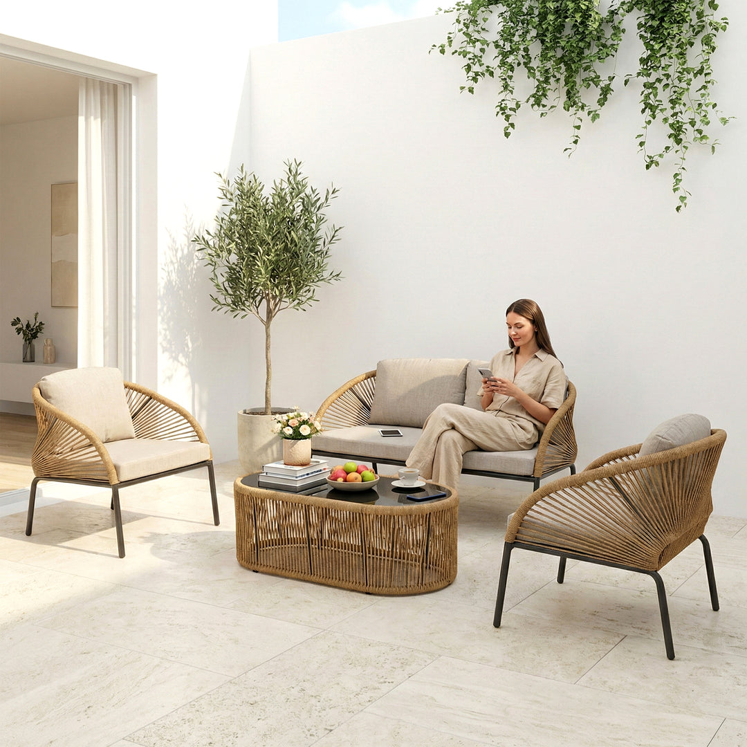 Willa Outdoor Sofa Set 2 Seater , 2 Single seater and 1 Center Table Set (Beige) Braided & Rope