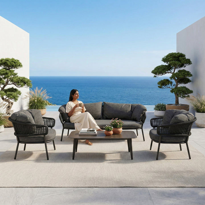 Puff Outdoor Sofa Set 2 Seater , 2 Single seater and 1 Center Table Set (Black) Braided & Rope