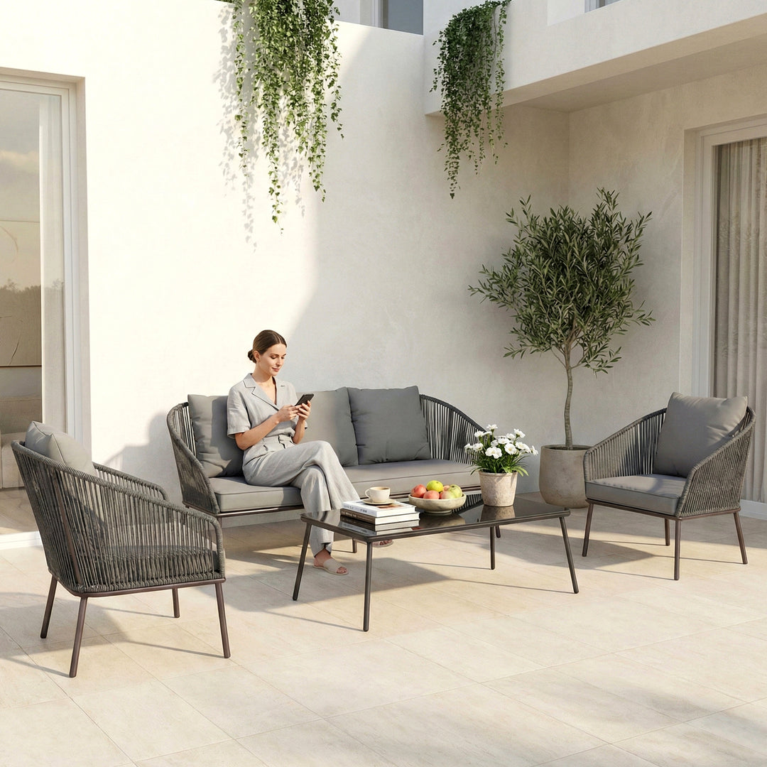 Shed Outdoor Sofa Set 3 Seater , 2 Single seater and 1 Center Table Set (Dark grey) Braided & Rope