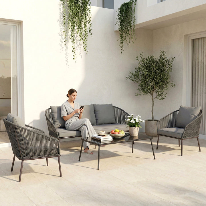 Shed Outdoor Sofa Set 3 Seater , 2 Single seater and 1 Center Table Set (Dark grey) Braided & Rope