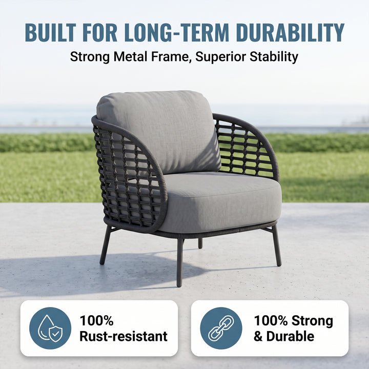 Locator Outdoor Sofa Set 2 Seater, 2 Single seater with ottoman and 1 Center Table Set (Dark Grey) Braided & Rope