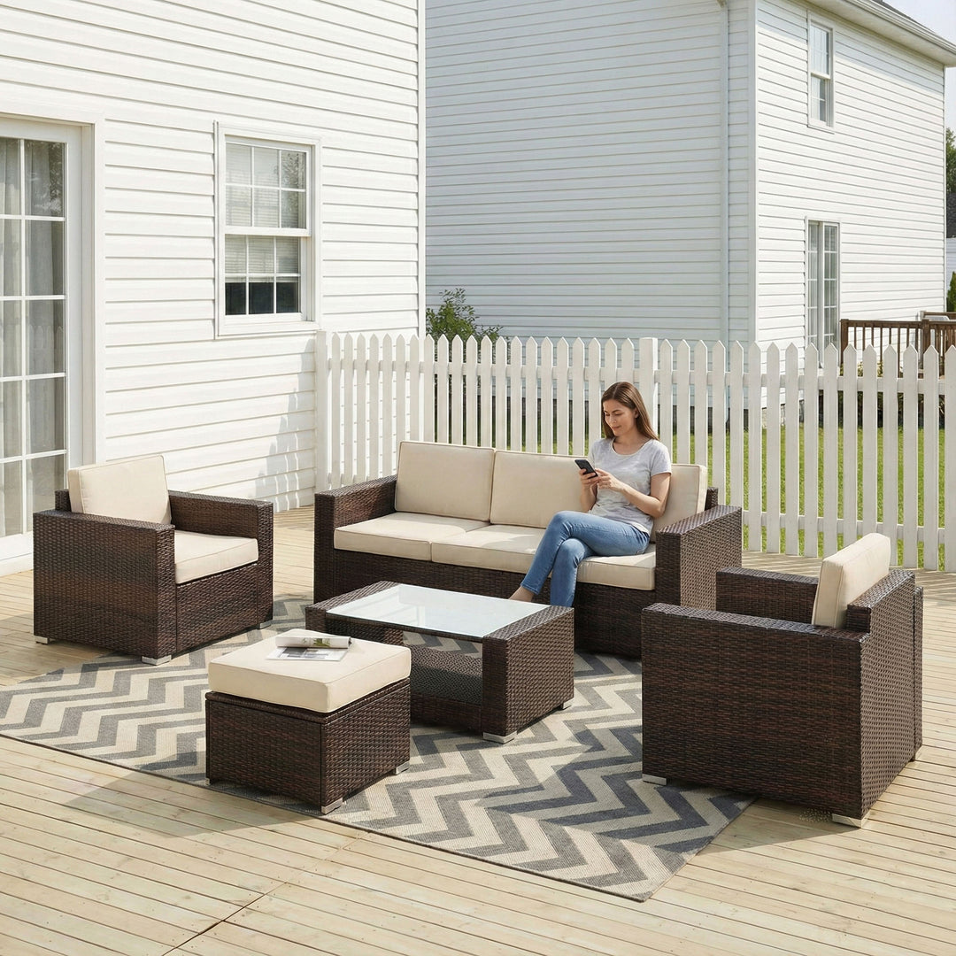Jovis Outdoor Garden Balcony Sofa Set 3 Seater, 2 Single seater With 1 Ottoman and 1 Center Table Set (Brown)