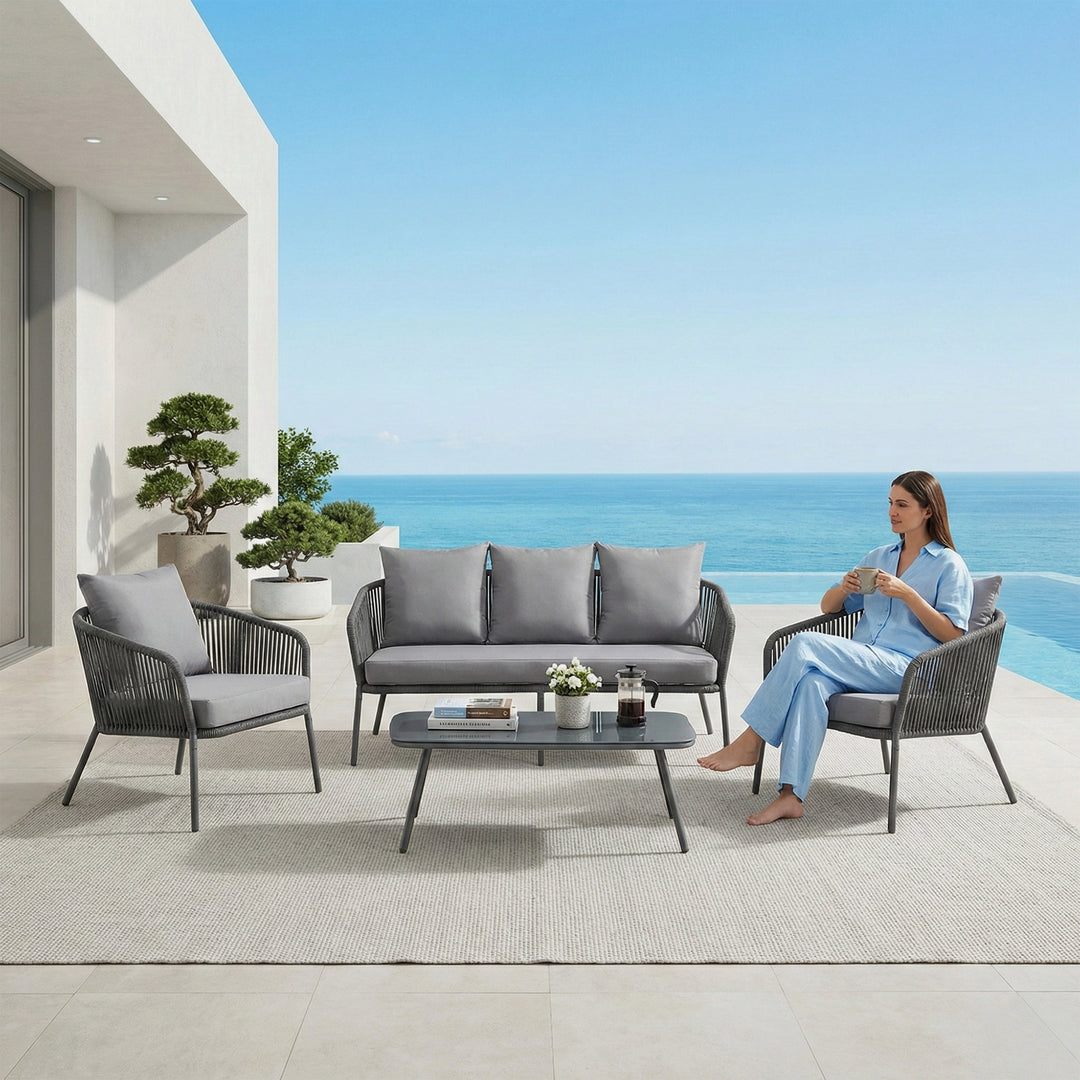 Akva Outdoor Sofa Set 3 Seater , 2 Single seater and 1 Center Table Set (Grey) Braided & Rope