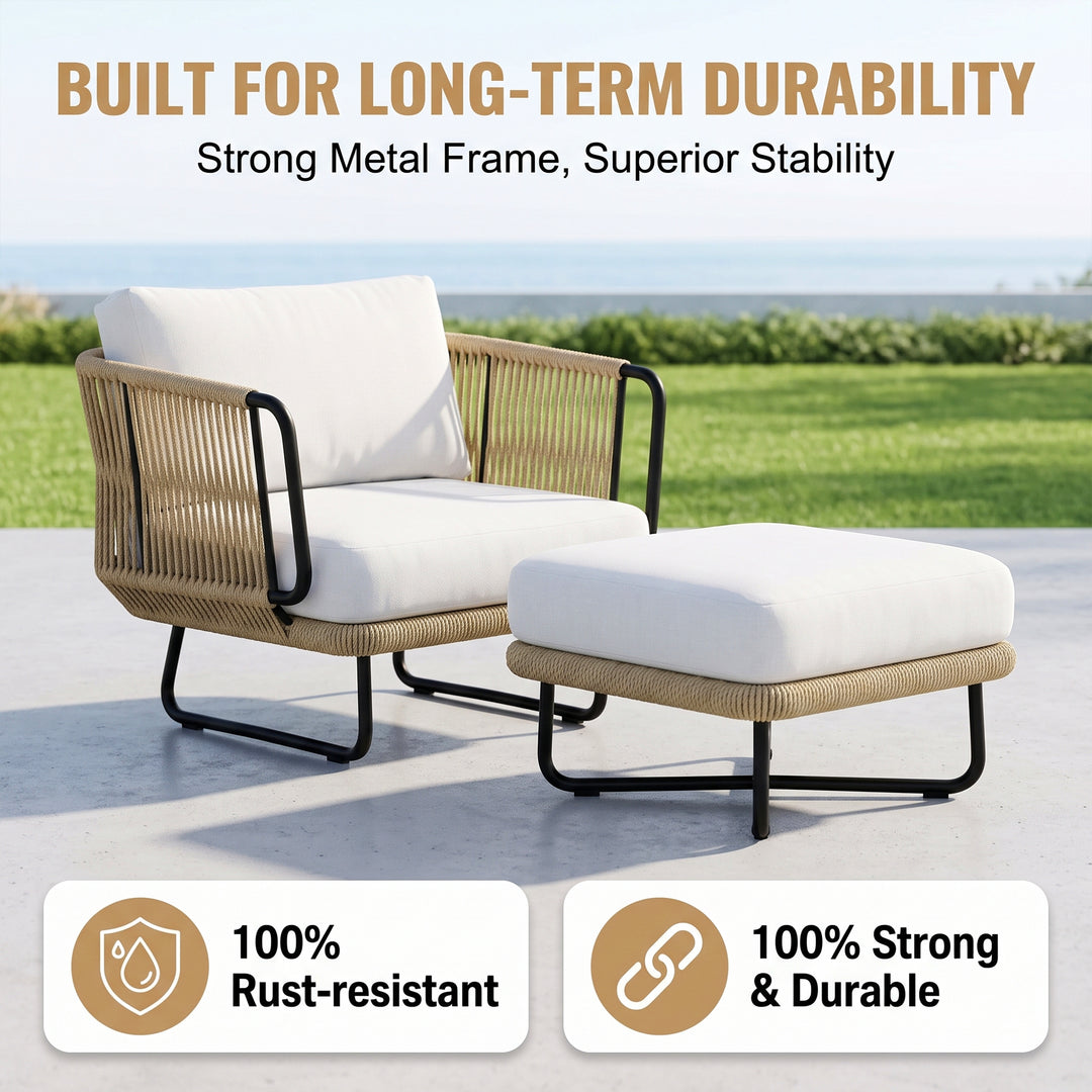 Hancy Outdoor Sofa Set 6 Seater , 2 Ottoman and 1 Center Table + 1 side table Set  (Tan + Beige) Braided & Rope
