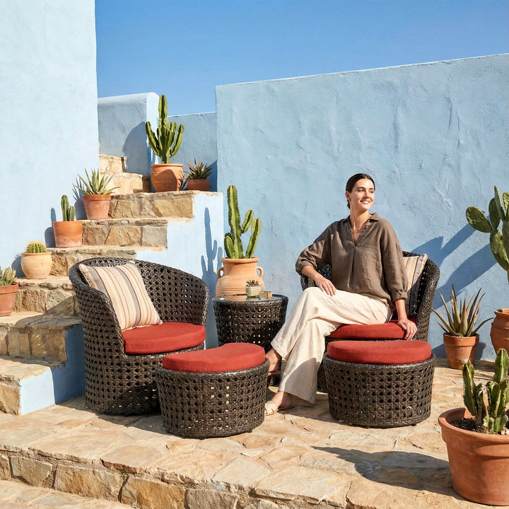 Sinato Outdoor Patio Seating Set 2 Chair with 2 ottoman and 1 Table Set (Brown)