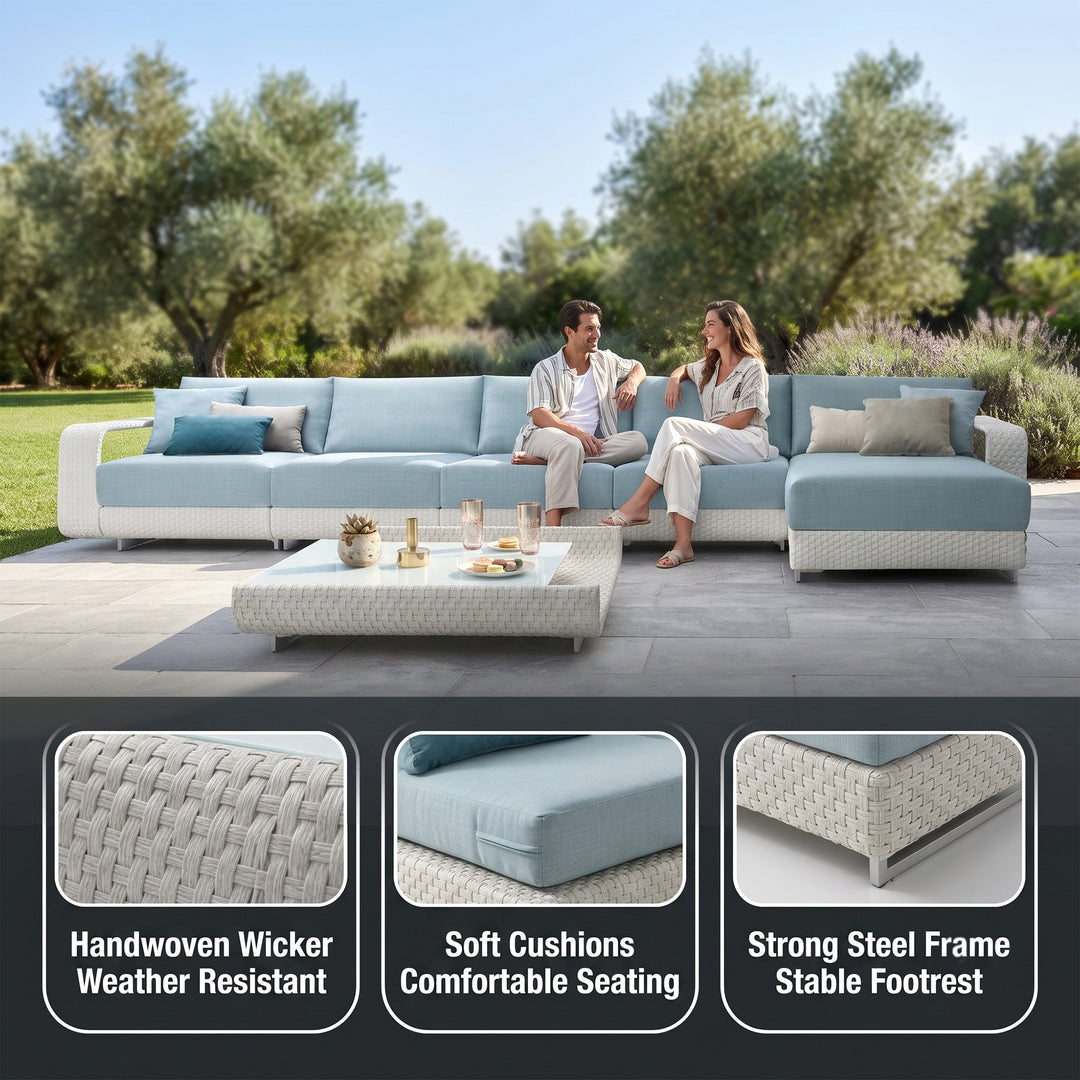 Aris Outdoor Garden Balcony Sofa Set 5 Seater ,1 Center Table With 1 Ottoman Set (White)