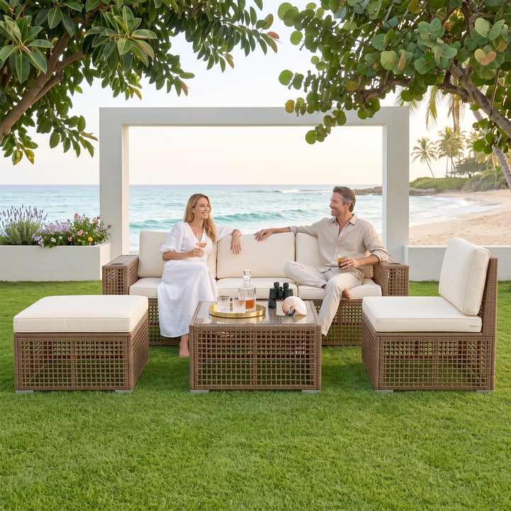 Nista Outdoor Patio Sofa Set 3 Seater 1 single seater and 1 Table With 1 Ottoman Set (Brown)