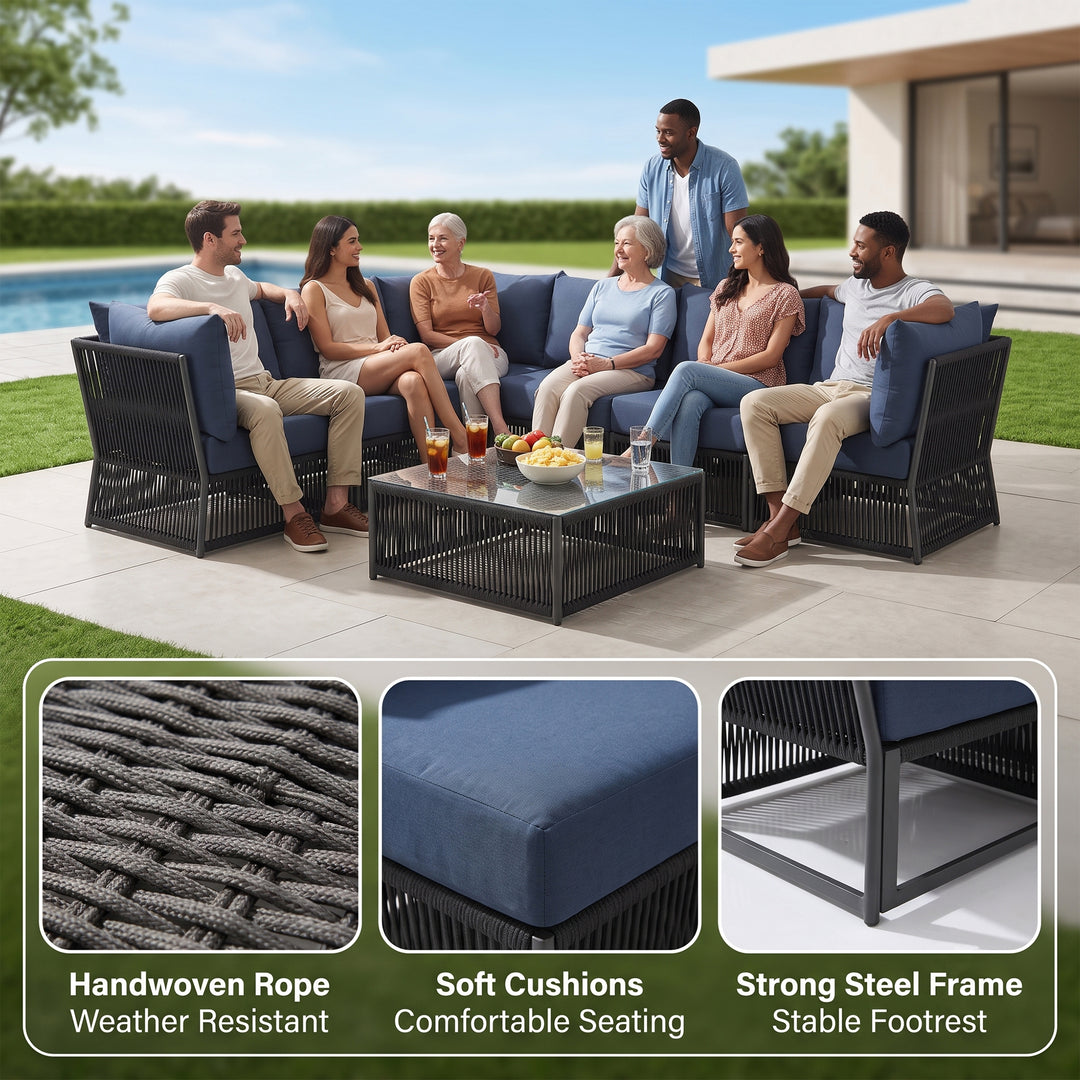 Jacobo Outdoor Sofa Set 6 Seater and 1 Center Table Set Braided & Rope