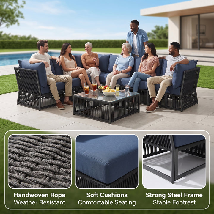 Jacobo Outdoor Sofa Set 6 Seater and 1 Center Table Set Braided & Rope