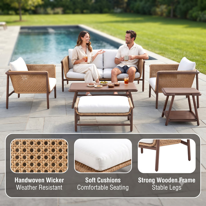 Zamioma Outdoor Garden Balcony Sofa Set 2 Seater, 2 Single seater, 1 Ottoman, 1 Coffee Table and 1 Side Table Conversation Set (Honey)