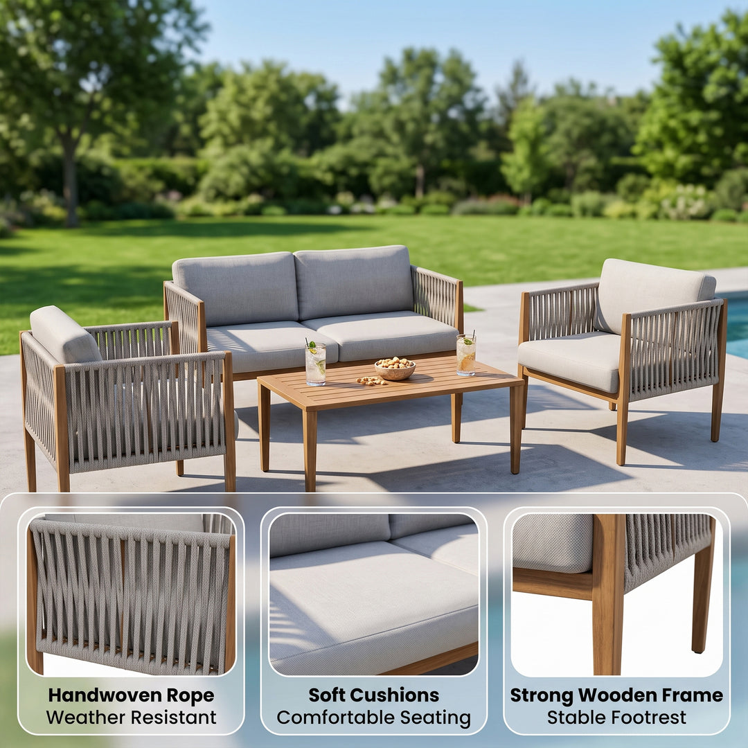 Luna Outdoor Garden Balcony Sofa Set 2 Seater , 2 Single Seater 1 Center Table Set (Grey) Braided and Rope
