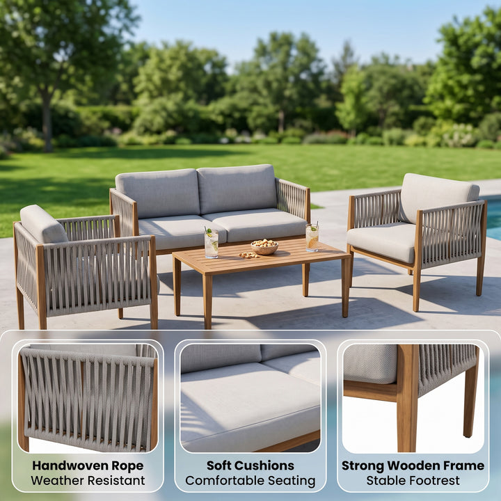 Luna Outdoor Garden Balcony Sofa Set 2 Seater , 2 Single Seater 1 Center Table Set (Grey) Braided and Rope