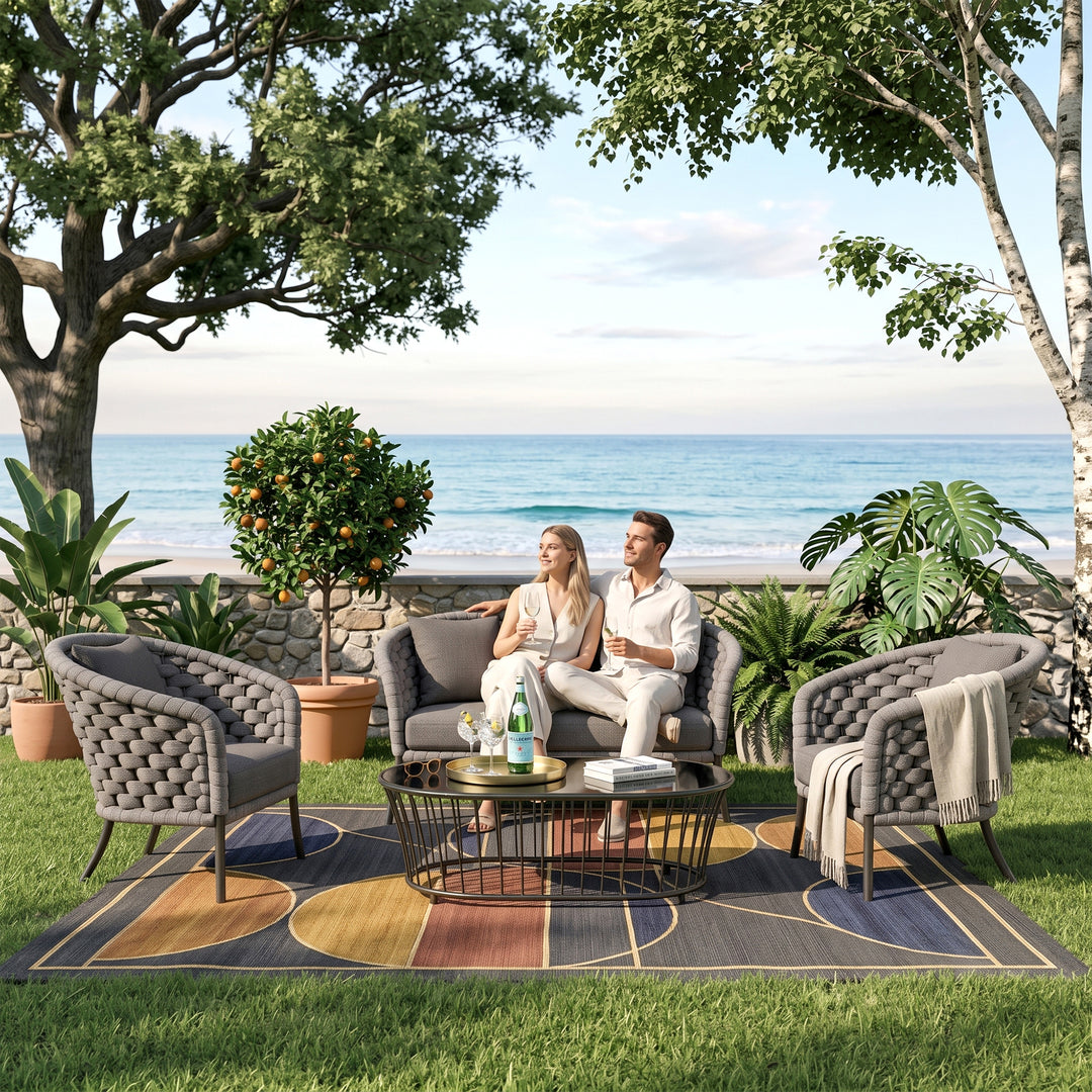 Aero Outdoor Garden Balcony Sofa Set 2 Seater , 2 Single Seater 1 Center Table Set (Grey) Braided and Rope