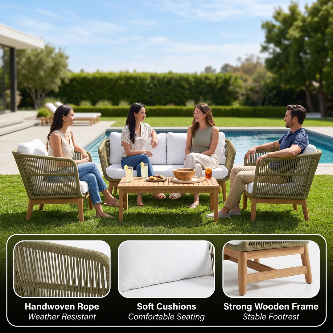Gala Outdoor Garden Balcony Sofa Set 2 Seater , 2 Single Seater 1 Center Table Set (Cream) Teak Wood and Braided & Rope