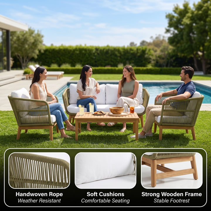 Gala Outdoor Garden Balcony Sofa Set 2 Seater , 2 Single Seater 1 Center Table Set (Cream) Teak Wood and Braided & Rope