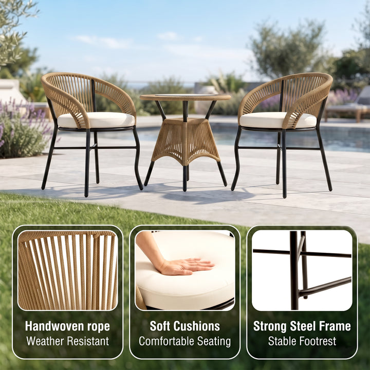 Sedan Outdoor Patio Seating Set 2 Chairs and 1 Table Set Braided & Rope