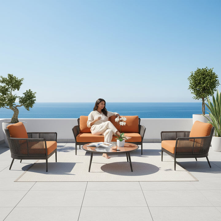 Rua Outdoor Garden Balcony Sofa Set 2 Seater , 2 Single Seater 1 Center Table Set (Dark Grey) Braided and Rope