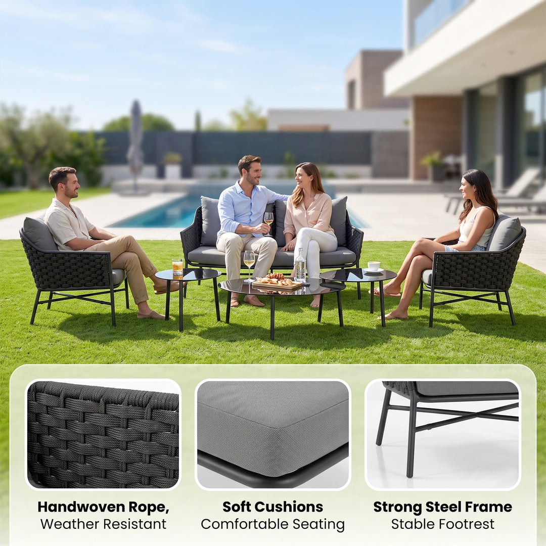 Lettiere Outdoor Garden Balcony Sofa Set 2 Seater, 2 Single Seater and 3 Tables Set (Grey)