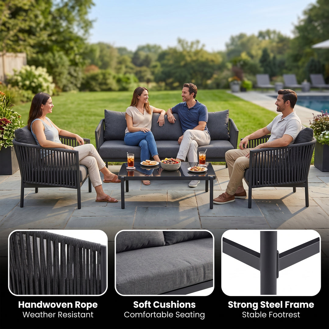 Luxo Outdoor Garden Balcony Sofa Set 3 Seater and 2 Single Seater With 1 Center Table Set, Braid & Rope