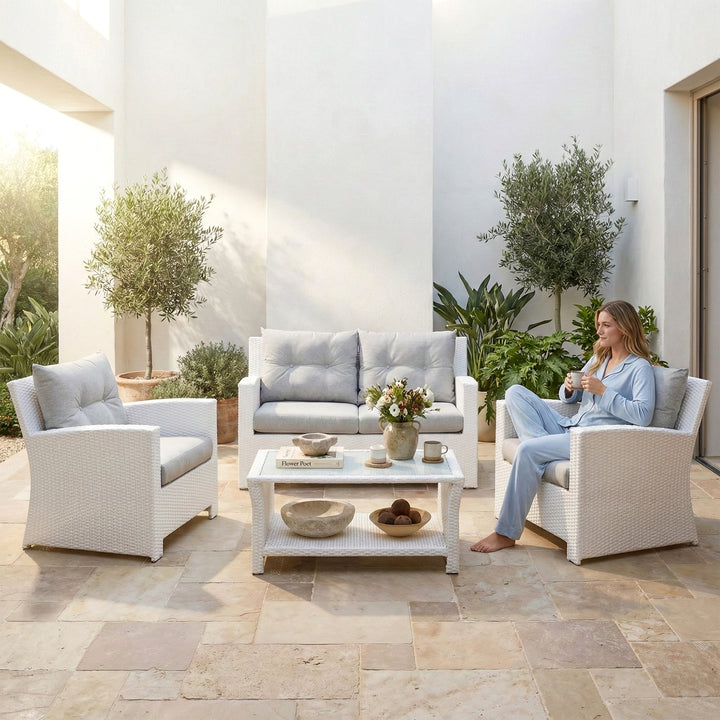 Adara Outdoor Sofa Set 2 Seater, 2 Single seater and 1 Center Table (White)