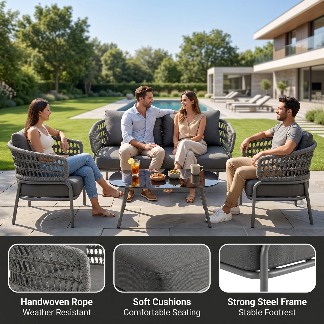 Hauwa Outdoor Garden Balcony Sofa Set 2 Seater , 2 Single Seater 1 Center Table Set Braid & Rope