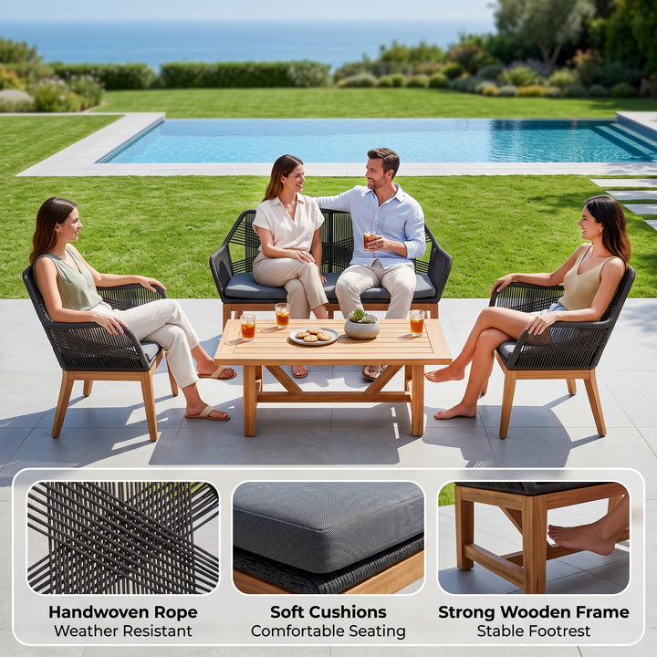 Cybella Outdoor Garden Balcony Sofa Set 2 Seater , 2 Single Seater 1 Center Table Set (Black) Braided and Rope
