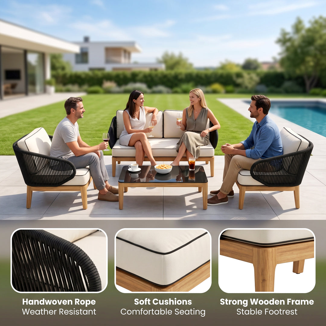 Laur Outdoor Sofa Set 2 Seater , 2 Single seater and 1 Center Table (Black + Beige) Braided & Rope