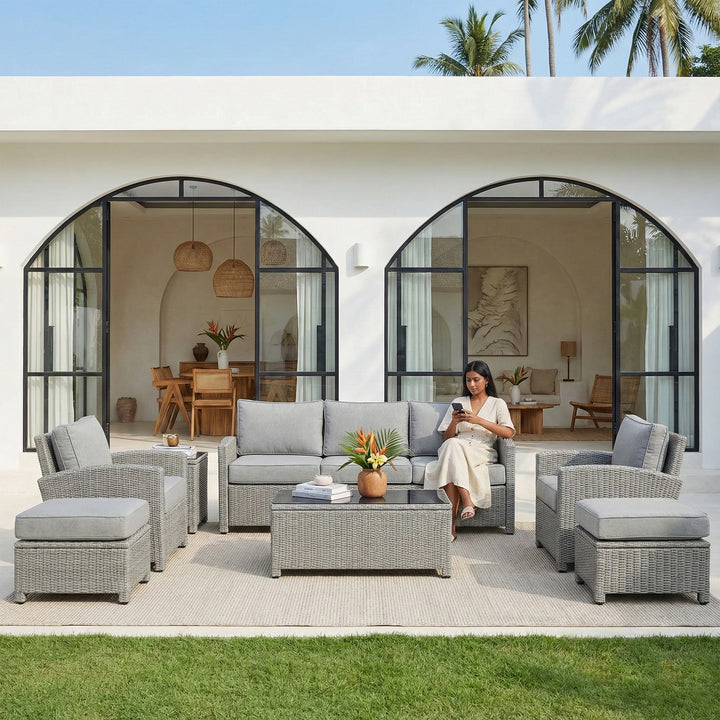 Bien Outdoor Garden Balcony Sofa Set 3 Seater, 2 Single seater, 2 Ottoman and 1 Center Table Conversation Set (Grey)