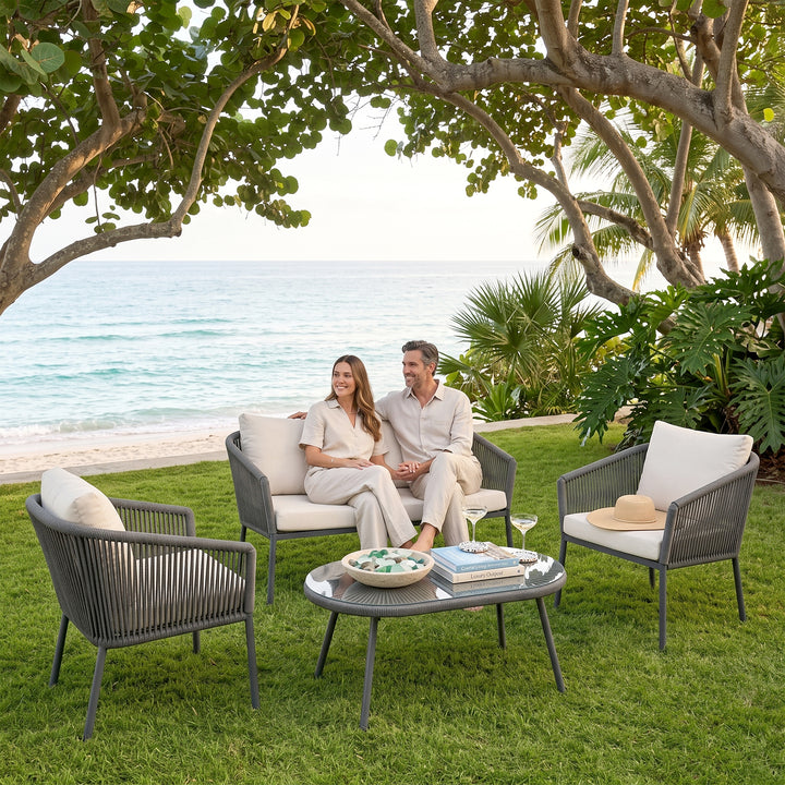 Puffen Outdoor Garden Balcony Sofa Set 2 Seater , 2 Single Seater 1 Center Table Set Braided and Rope