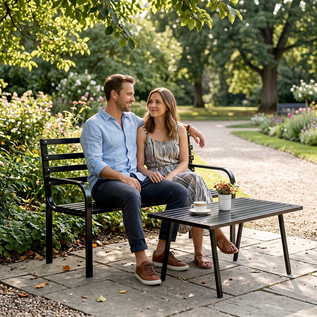 Carrillo Metal 2 Seater and 1 Table Garden Bench for Outdoor Park - (Black)