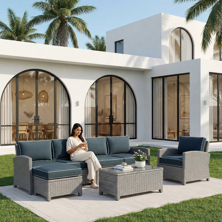 Kuisi Outdoor Garden Balcony Sofa Set 4 Seater, 1 Single seater With 1 Ottoman and 1 Center Table Set (Grey)
