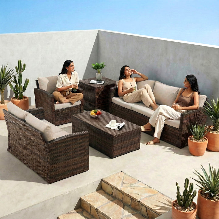 Coye Outdoor Garden Balcony Sofa Set 3 Seater, 2 Seater With 2 Single Seater and 1 Center Table With 1 Side Table Set (Brown)