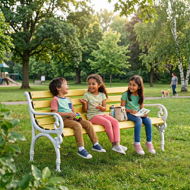 Trefor Cast Iron 3 Seater FRP Garden Bench for Outdoor Park - (White + Yellow)