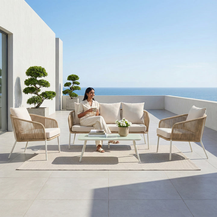 Rumi Outdoor Garden Balcony Sofa Set 3 Seater , 2 Single Seater 1 Center Table Set (White) Braided and Rope