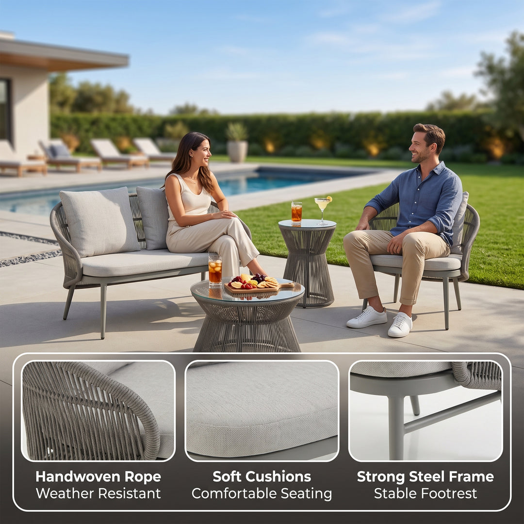 Juanito Outdoor Sofa Set 2 Seater, 1 Single Seater, 1 Side Table and 1 Center Table Set (Grey) Braided & Rope