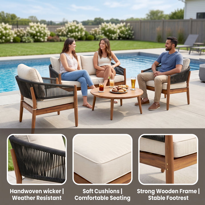 Biro Outdoor Garden Balcony Sofa Set 2 Seater , 2 Single Seater 1 Center Table Set (Black) Braided and Rope