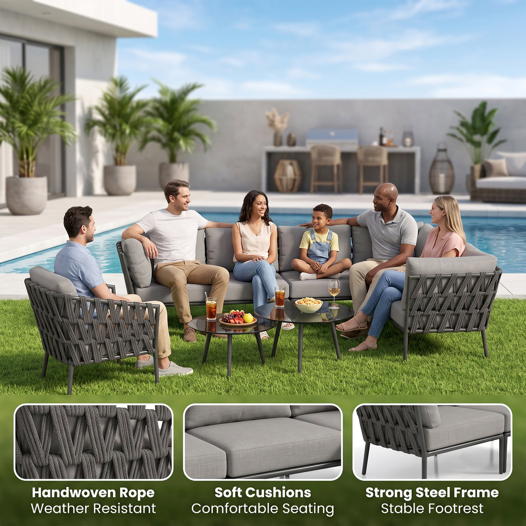 Magnus Outdoor Sofa Set 5 Seater, 1 Single seater and 2 Center Table Set (Dark Grey) Braided & Rope