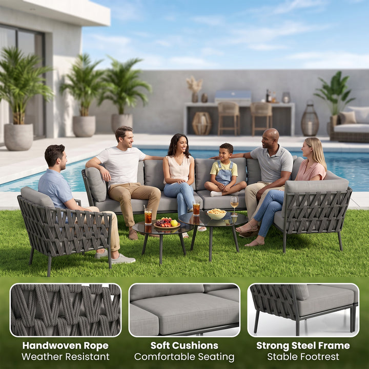 Magnus Outdoor Sofa Set 5 Seater, 1 Single seater and 2 Center Table Set (Dark Grey) Braided & Rope
