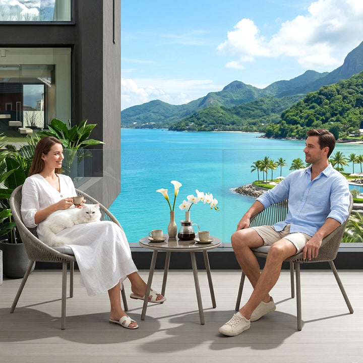 Soma Outdoor Patio Seating Set 2 Chairs and 1 Table Set (Grey) Braided & Rope