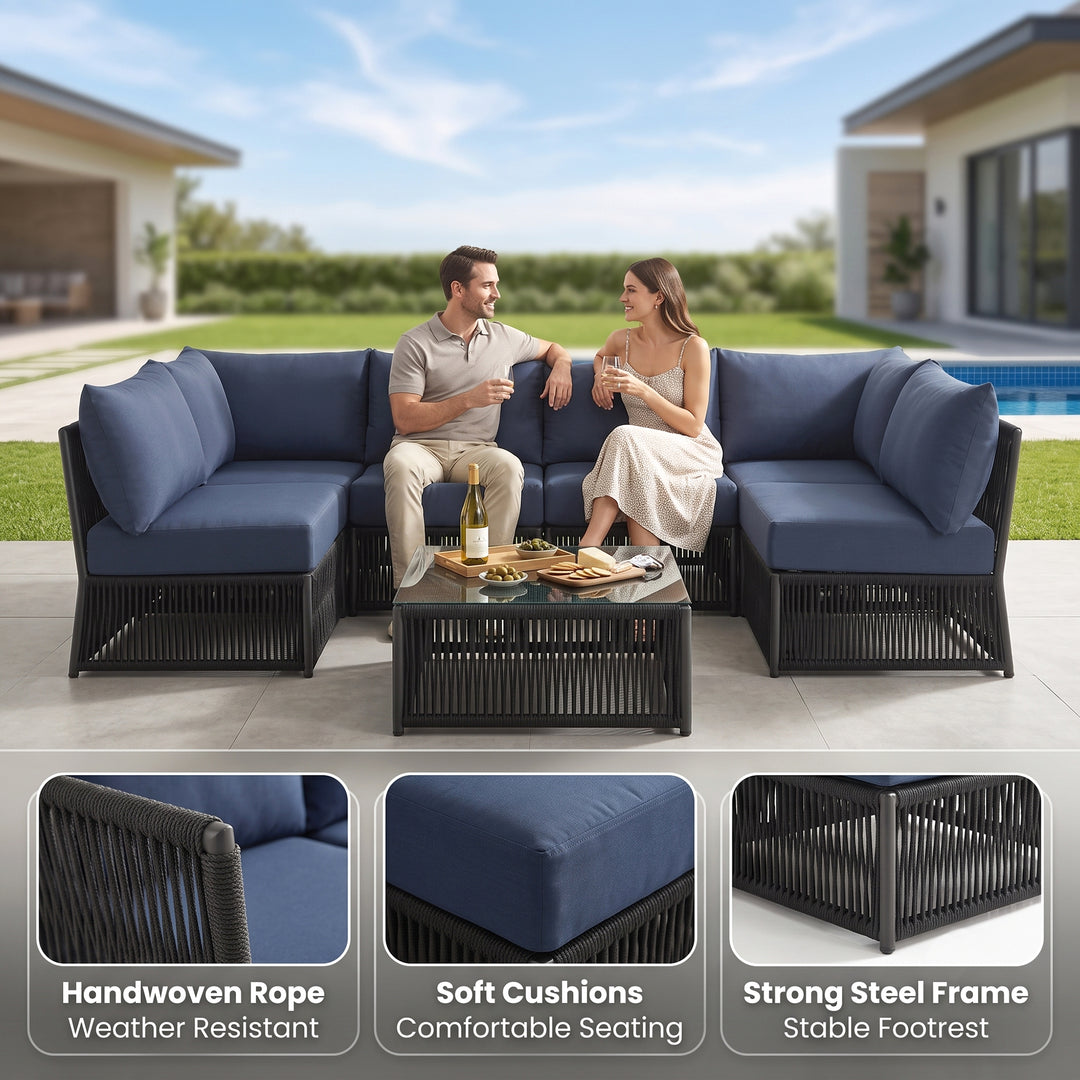 Jerez Outdoor Sofa Set 6 Seater and 1 Center Table Set Braided & Rope
