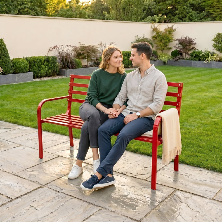 Clever Metal 3 Seater Garden Bench for Outdoor Park - (Red)