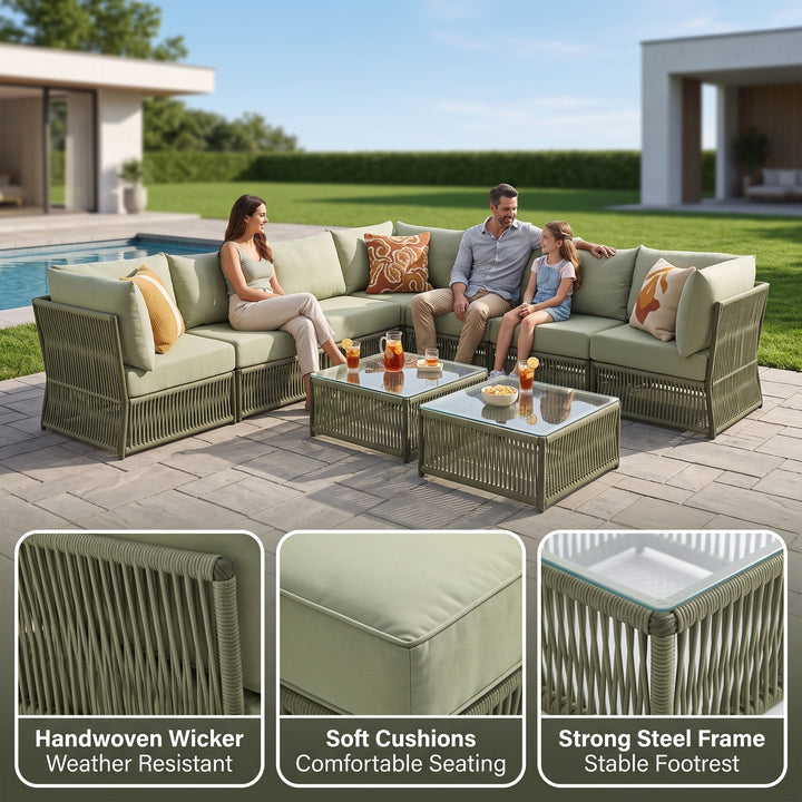 Deifilia Outdoor Sofa Set 7 Seater and 2 Center Table Set (Green) Braided & Rope