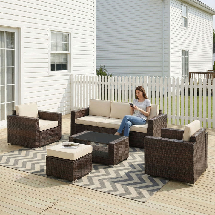 Jovis Outdoor Garden Balcony Sofa Set 3 Seater, 2 Single seater With 1 Ottoman and 1 Center Table Set (Brown)
