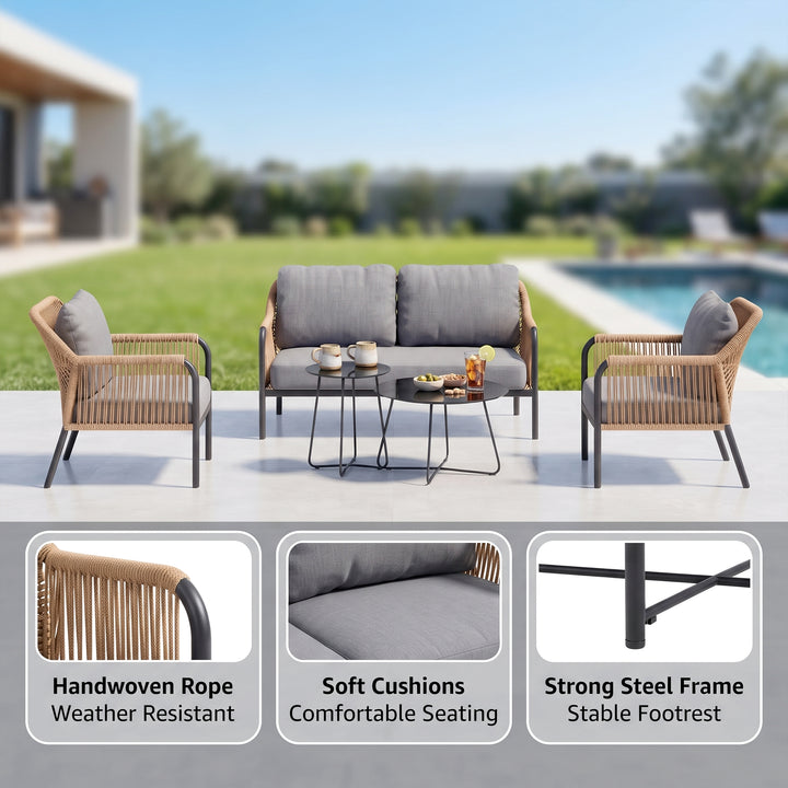 Morvos Outdoor Garden Balcony Sofa Set 2 Seater,2 Single seater and 2 Center Table Set (Beige)