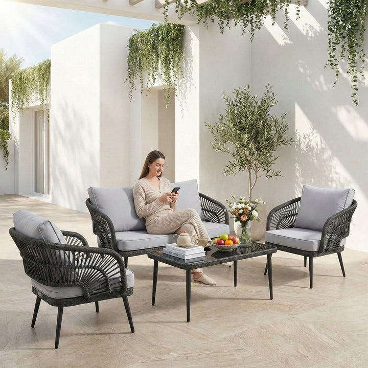 Alpa Outdoor Garden Balcony Sofa Set 2 Seater , 2 Single Seater 1 Center Table Set Braided and Rope